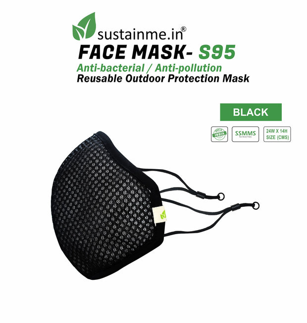 FACE MASK - REUSABLE | ANTIBACTERIAL | ANTI POLLUTION - S95 PK OF 1 - BLACK