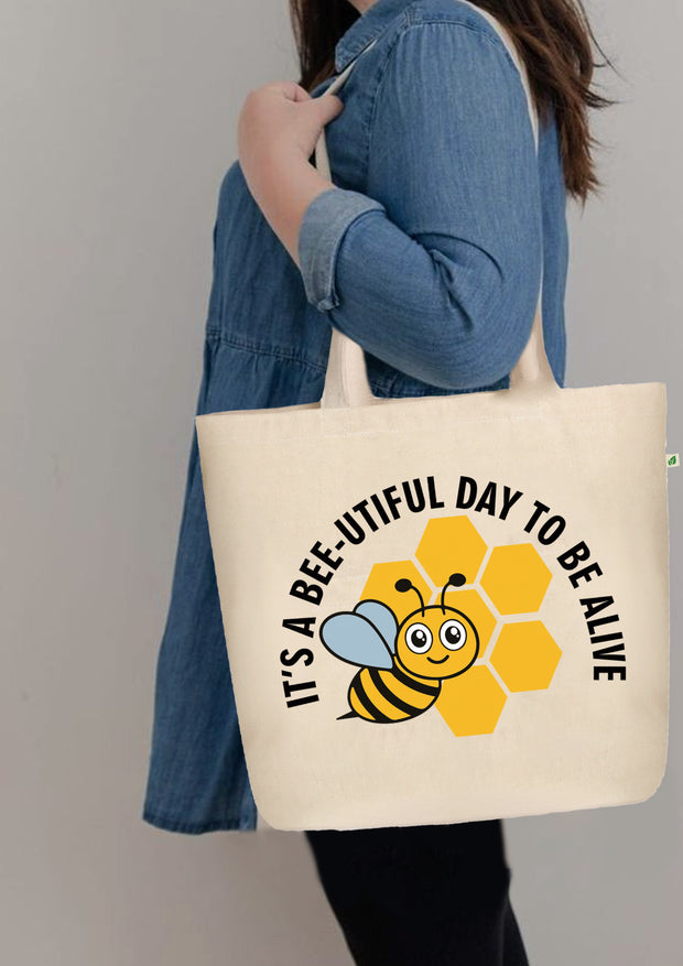 LARGE ZIPPER TOTE BAG BEIGE - BEE-TIFUL –