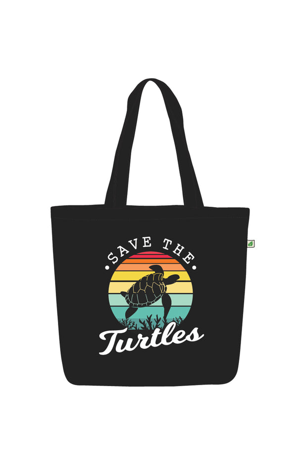 Large Zipper Tote Bag Black - Save the turtles