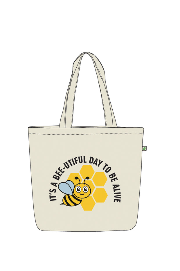 LARGE ZIPPER TOTE BAG BEIGE  - BEE-TIFUL