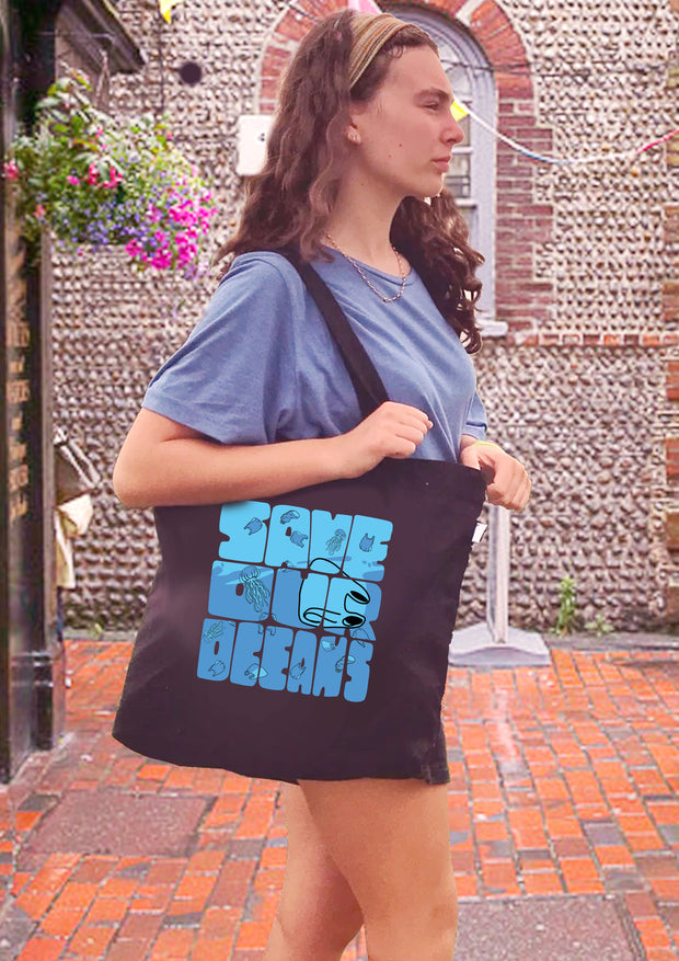 Large Zipper Tote Bag Black - Save Our oceans