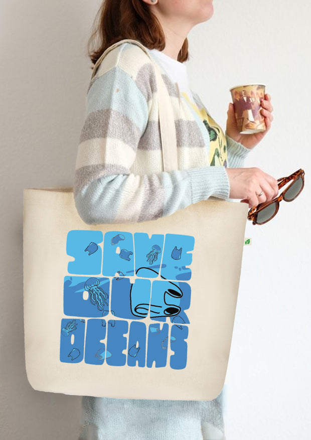 LARGE ZIPPER TOTE BAG BEIGE  - SAVE OUR OCEANS