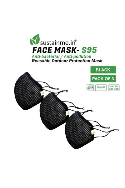 Face Mask - Reusable | Antibacterial | Anti Pollution - S95 Pk Of  3 - Black