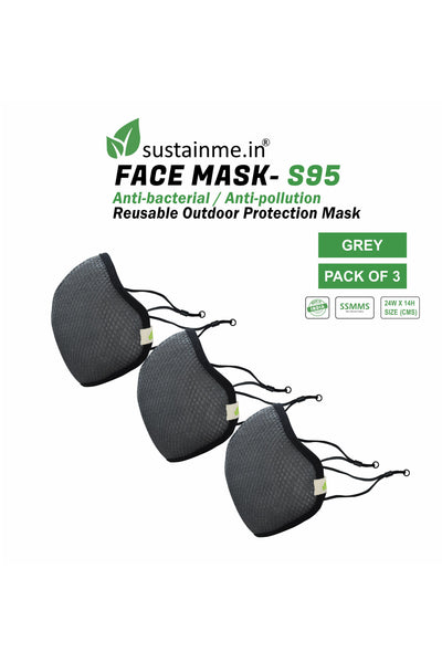 Face Mask - Reusable | Antibacterial | Anti Pollution - S95 Pk Of  3 - Grey