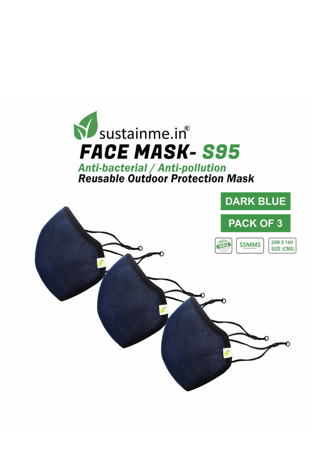 Face Mask - Reusable | Antibacterial | Anti Pollution - S95 Pk Of  3 - Dark Blue